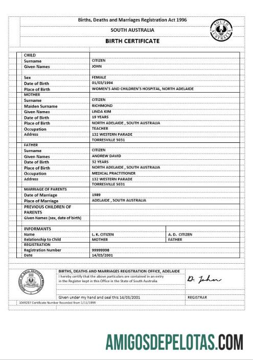 Austrália Sul da Austrália Certidão de Nascimento Versão 2 modelo